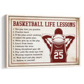 Framed basketball life lessons wall art featuring a player holding a basketball in a vintage red and cream design