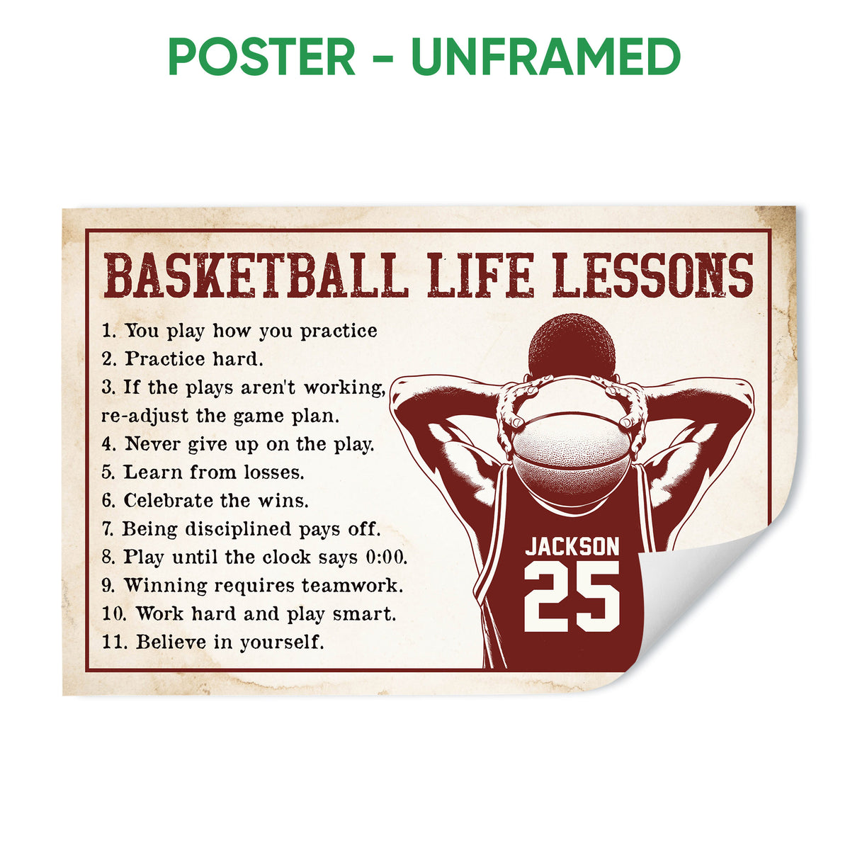 Unframed basketball life lessons poster with a vintage player illustration, basketball, and motivational sports design