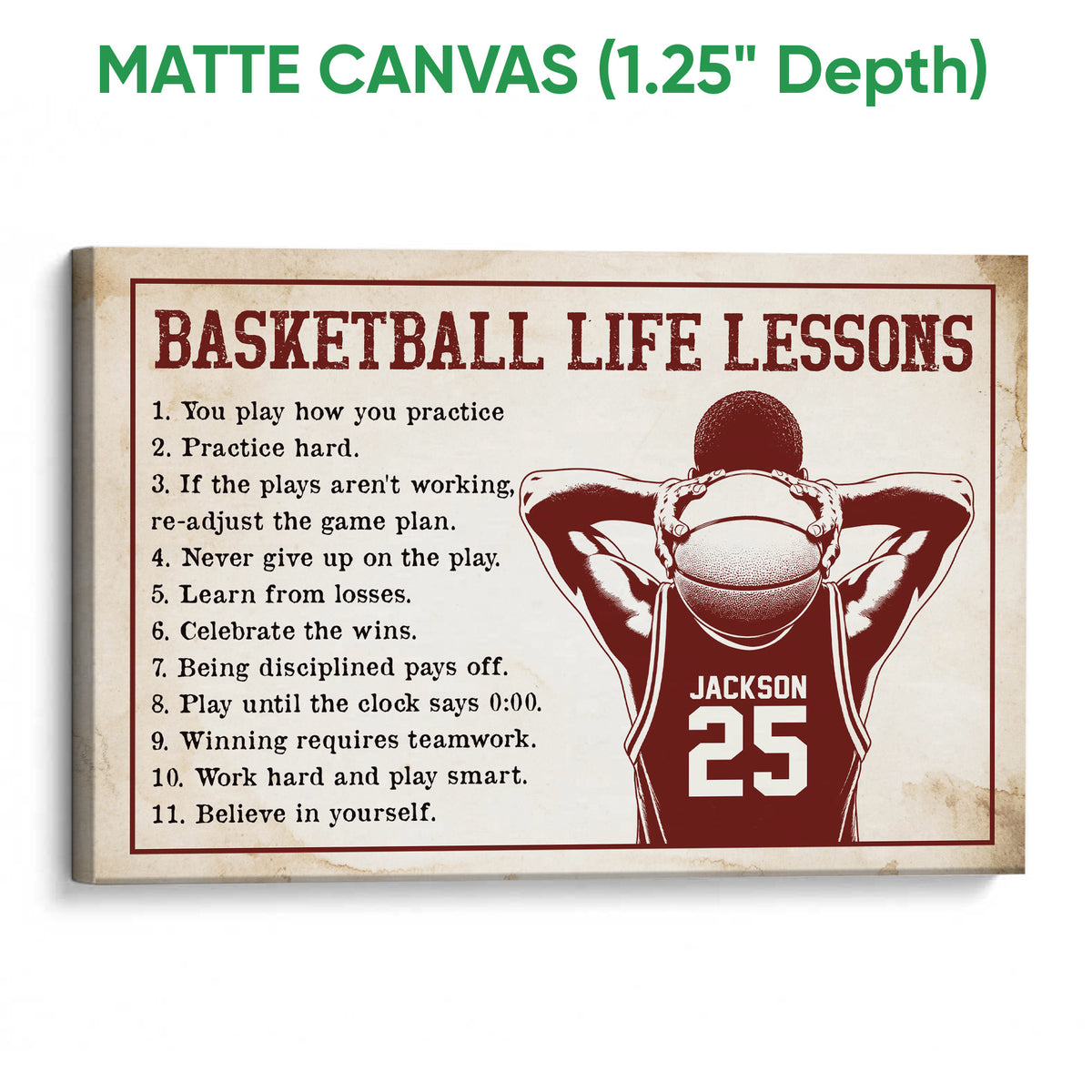 Matte canvas basketball wall art displaying motivational life lessons and a player holding a basketball