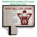 Black framed basketball canvas wall art with vintage sports artwork and close-up canvas detail