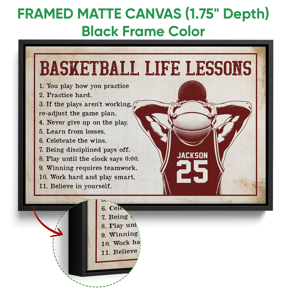 Black framed basketball canvas wall art with vintage sports artwork and close-up canvas detail