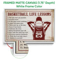 White framed basketball canvas wall art featuring motivational sports artwork and a textured detail view