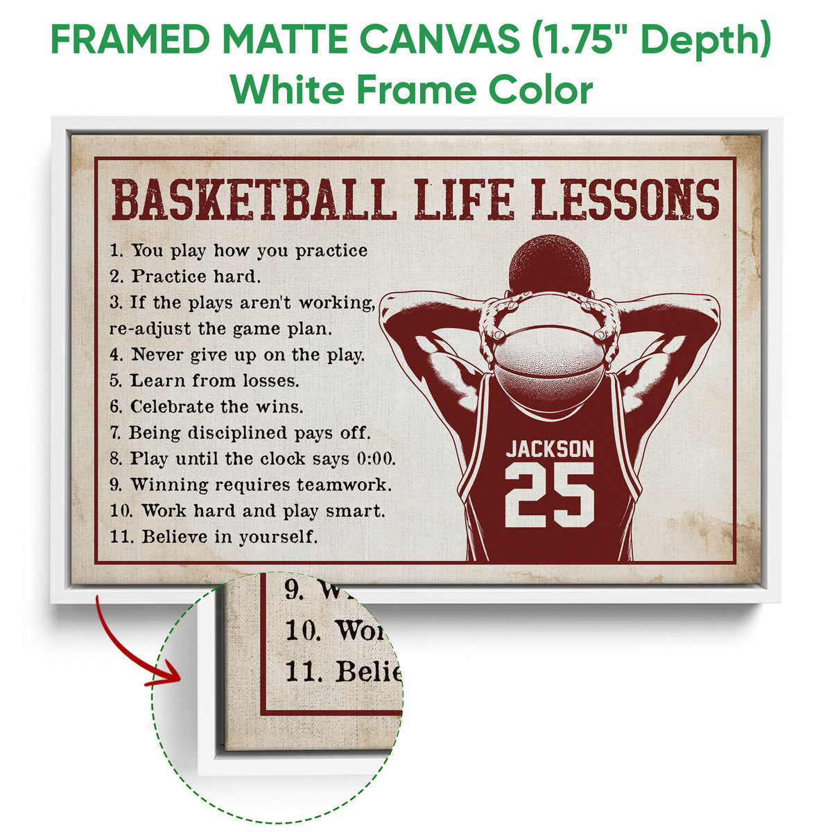 White framed basketball canvas wall art featuring motivational sports artwork and a textured detail view