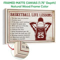 Natural wood framed basketball canvas wall art with vintage red and cream artwork and close-up frame detail