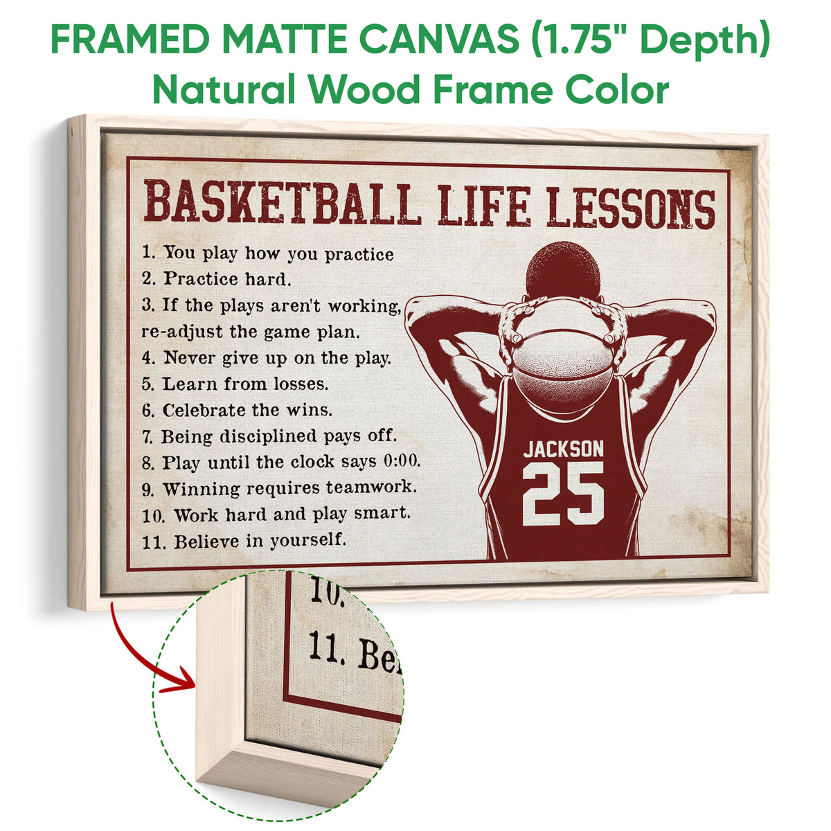 Natural wood framed basketball canvas wall art with vintage red and cream artwork and close-up frame detail