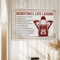 Basketball life lessons wall art displayed in a bright room with white wood paneling and natural decor