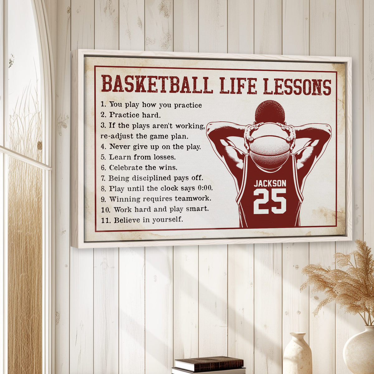 Basketball life lessons wall art displayed in a bright room with white wood paneling and natural decor
