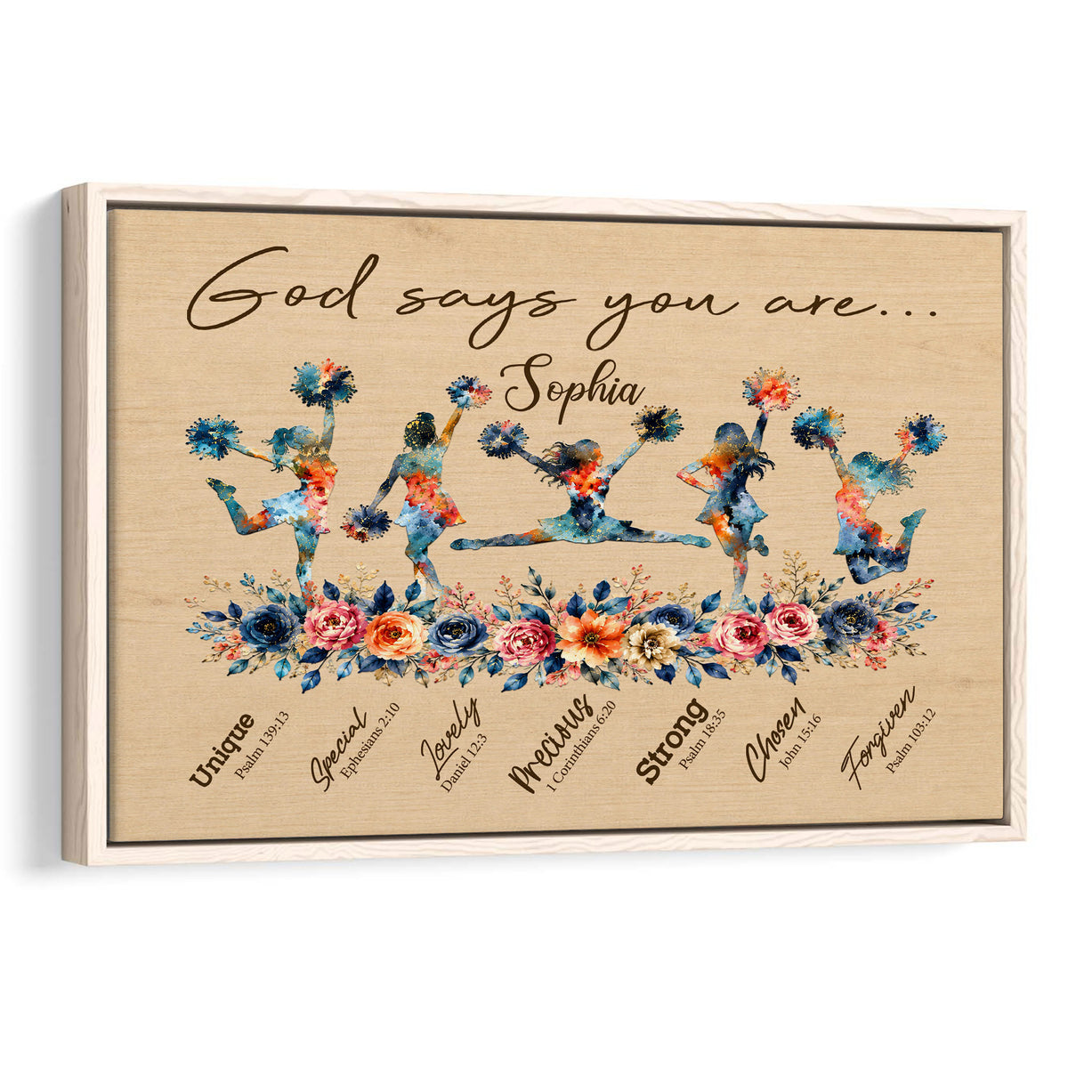 Framed cheerleading wall art with colorful cheerleaders, flowers, and an inspirational faith-themed design