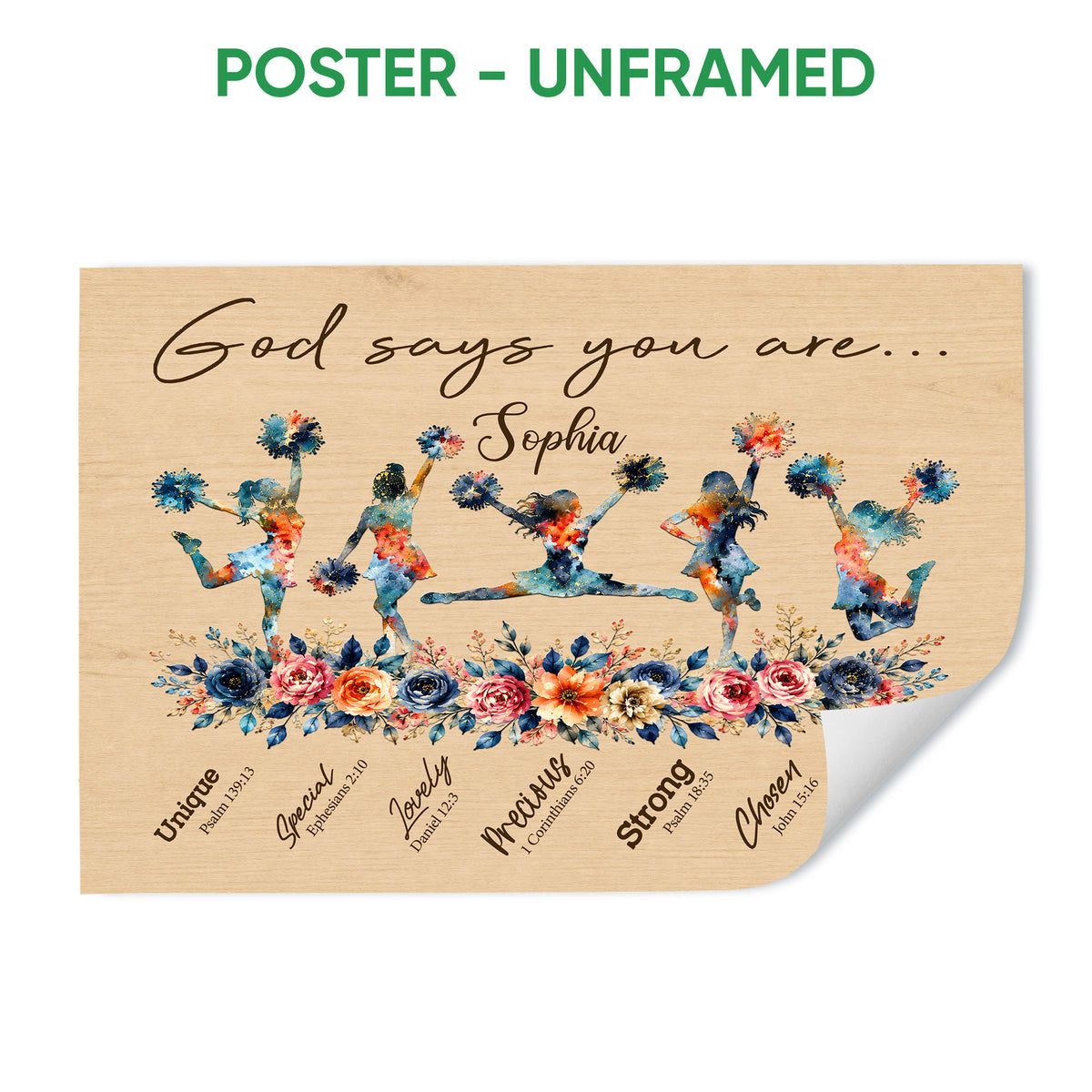 Unframed cheerleading poster featuring colorful cheerleaders, floral accents, and an inspirational design