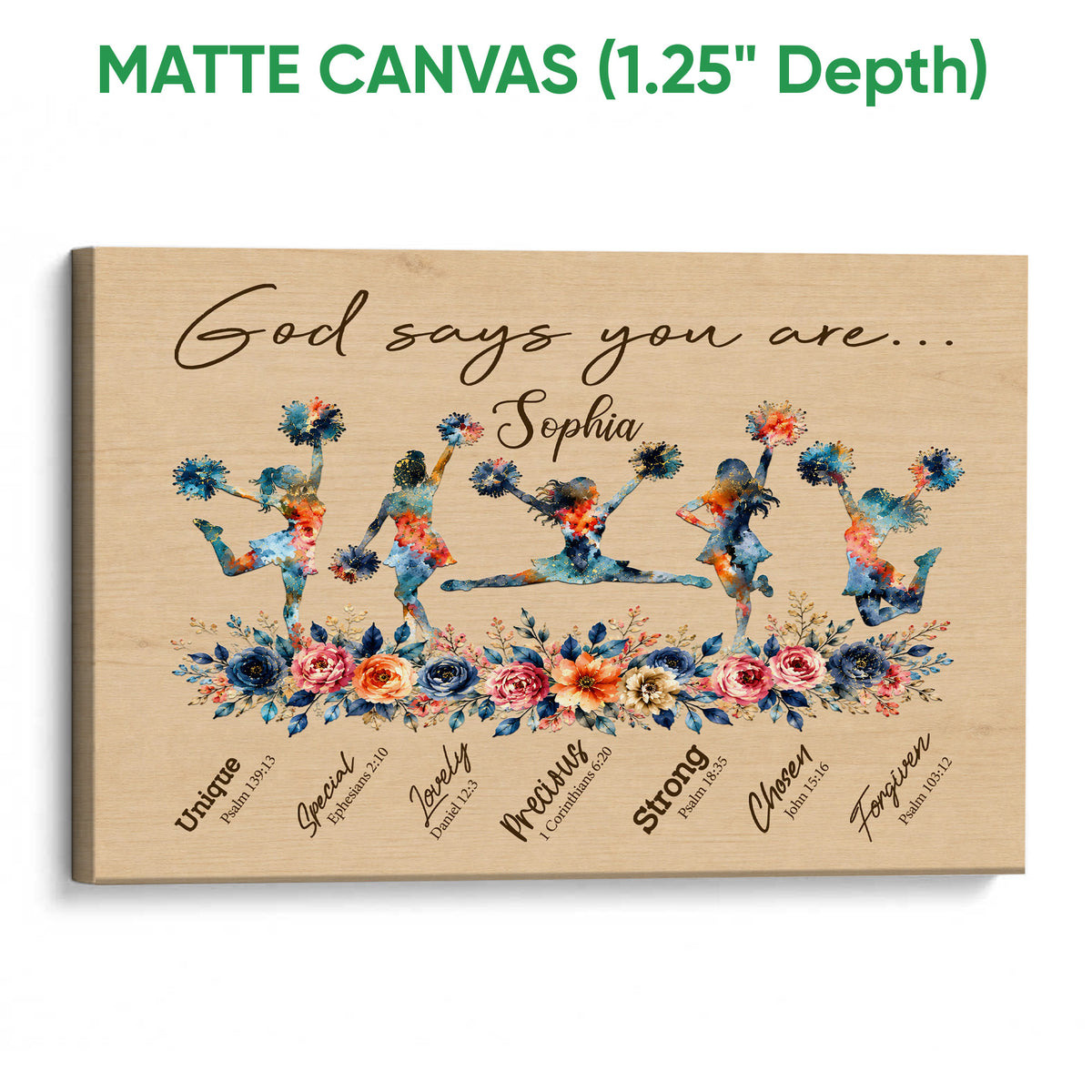 Matte canvas wall art featuring colorful cheerleaders, floral details, and an inspirational faith-themed design