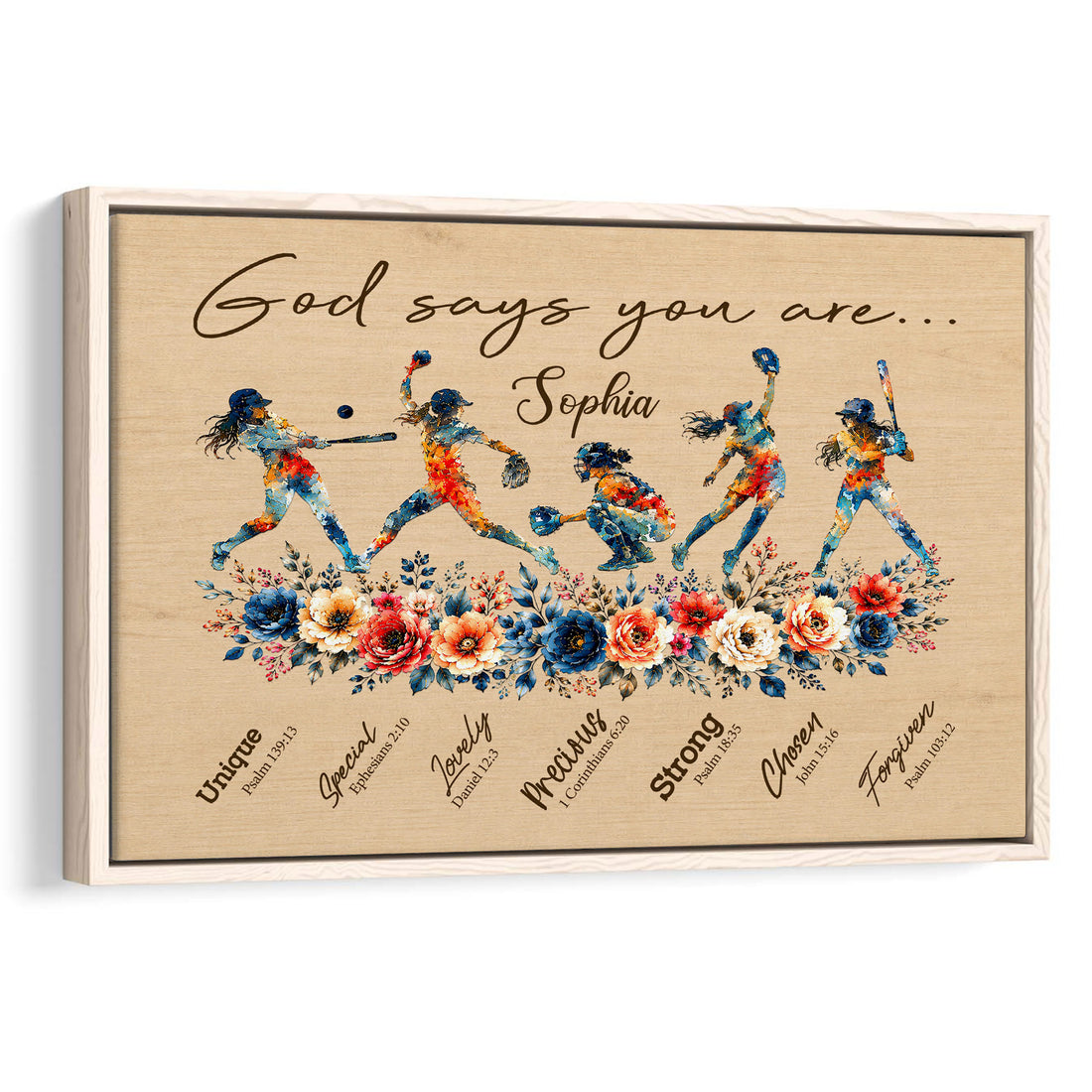 Framed softball wall art with illustrated players, colorful flowers, inspirational message, and scripture-themed details