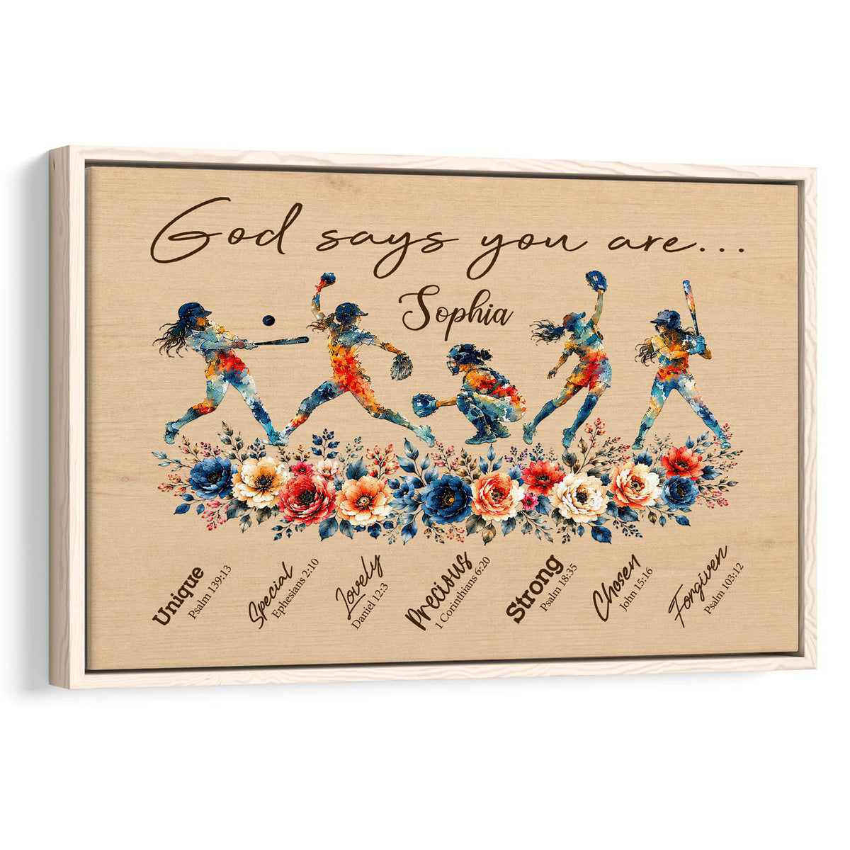 Framed softball wall art with illustrated players, colorful flowers, inspirational message, and scripture-themed details