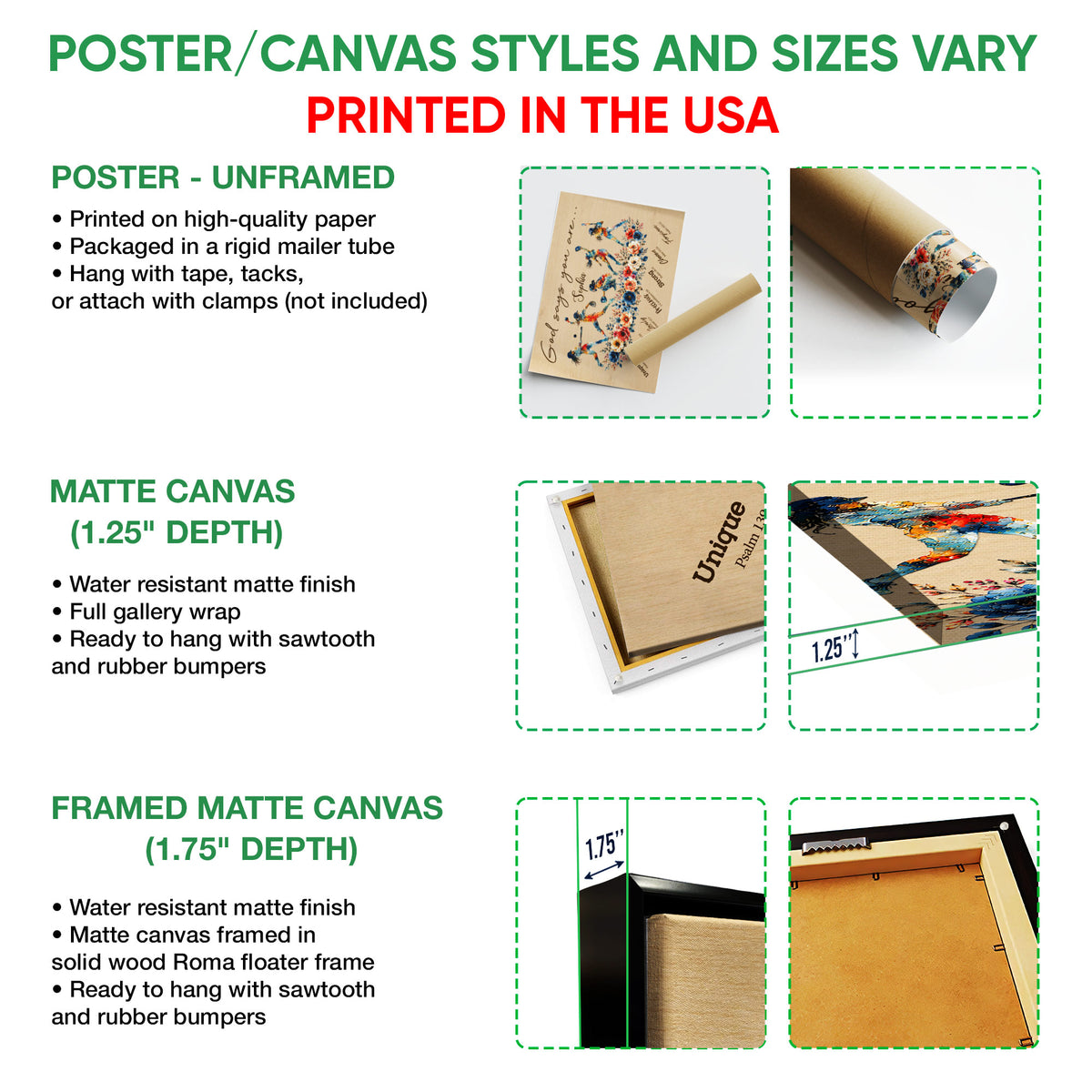 Softball wall art format guide showing unframed poster, matte canvas, and framed canvas options