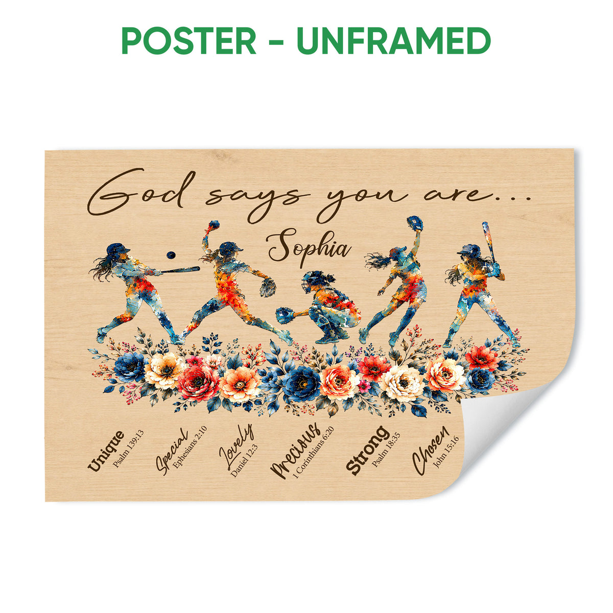 Unframed softball poster featuring illustrated players, colorful floral accents, and an inspirational faith message