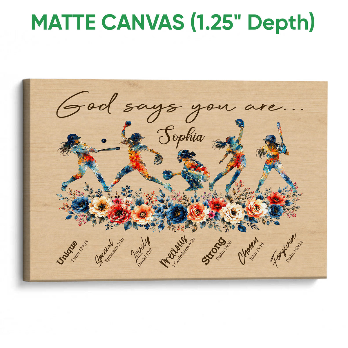 Matte canvas softball wall art with illustrated players, floral artwork, and an inspirational faith-themed design