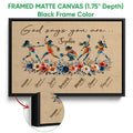 Black framed canvas softball wall art with illustrated players, floral accents, and a close-up of the frame edge