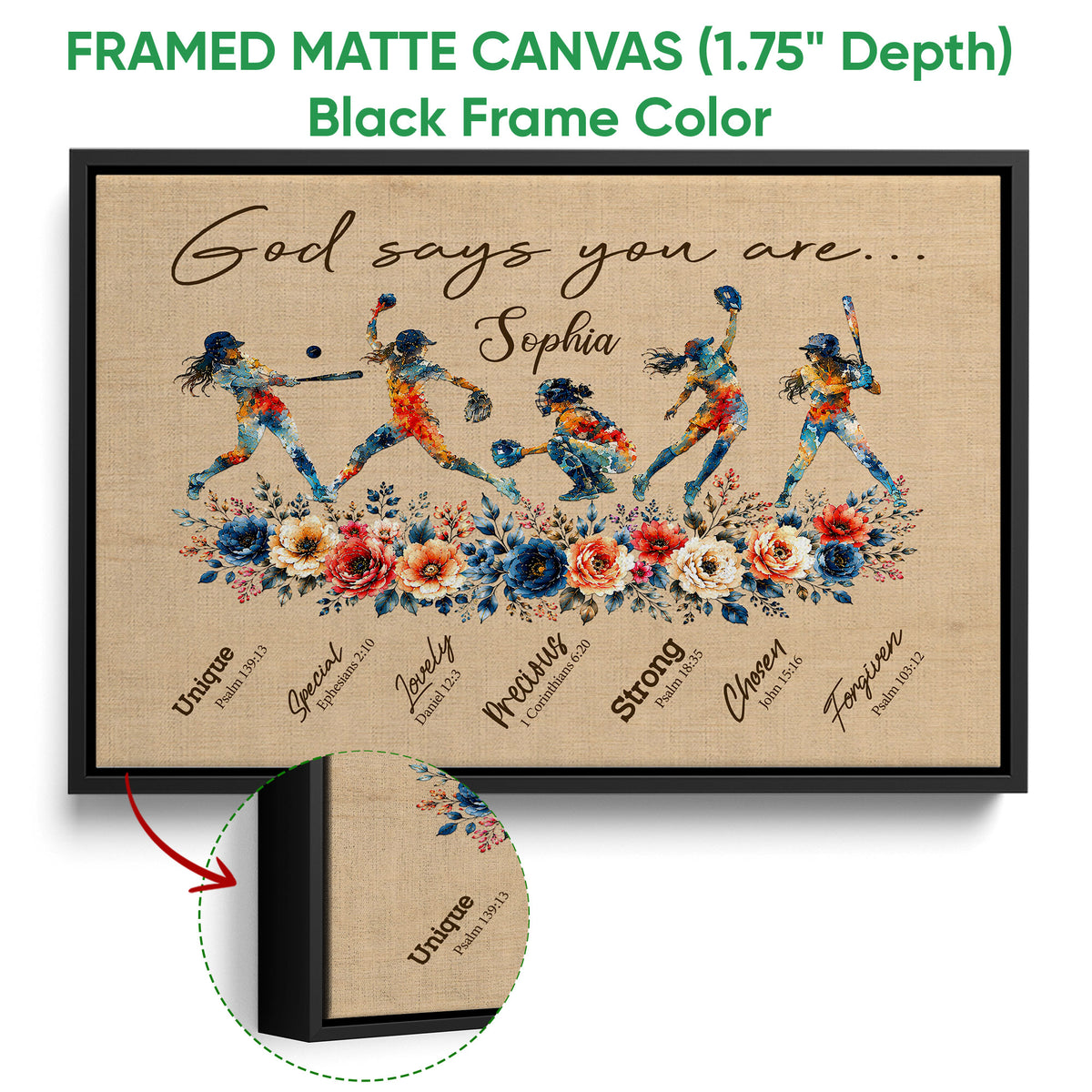 Black framed canvas softball wall art with illustrated players, floral accents, and a close-up of the frame edge
