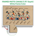White framed canvas softball wall art with illustrated players, floral accents, and a close-up of the canvas texture