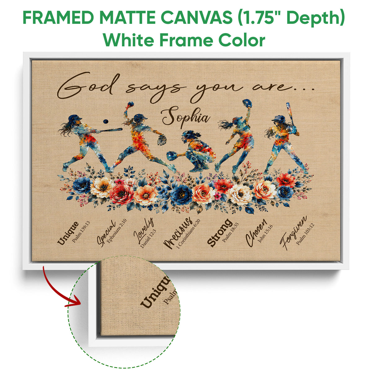 White framed canvas softball wall art with illustrated players, floral accents, and a close-up of the canvas texture