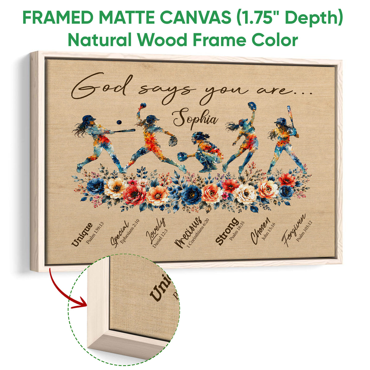 Natural wood framed softball wall art with colorful illustrated players, flowers, and an inspirational message