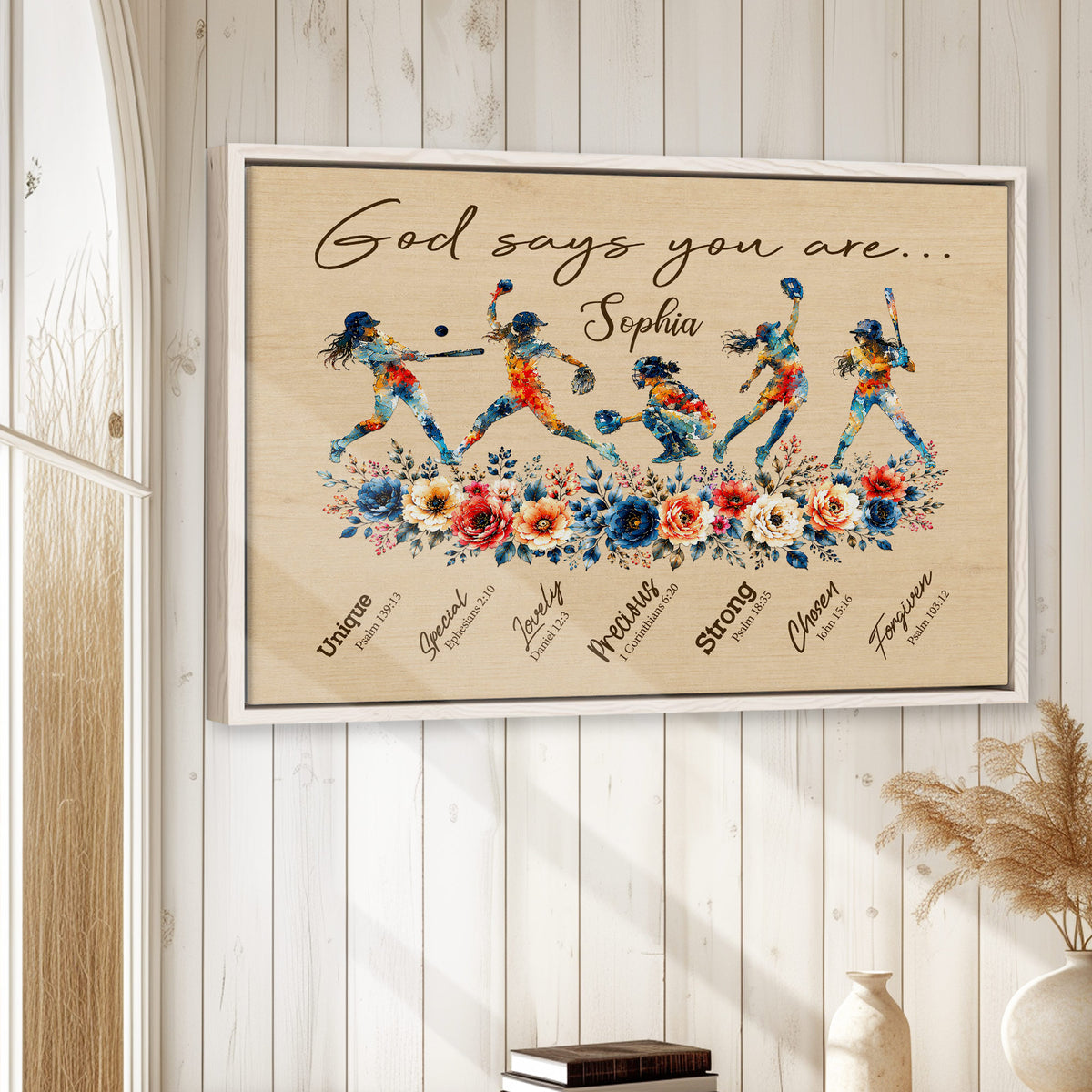 Softball wall art displayed on a light wood-paneled wall in a bright home interior