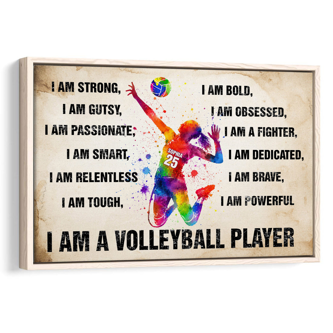 Framed volleyball wall art featuring a colorful jumping player and motivational sports wording