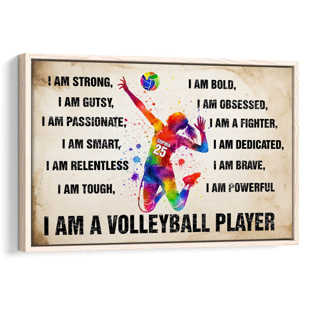 Framed volleyball wall art featuring a colorful jumping player and motivational sports wording