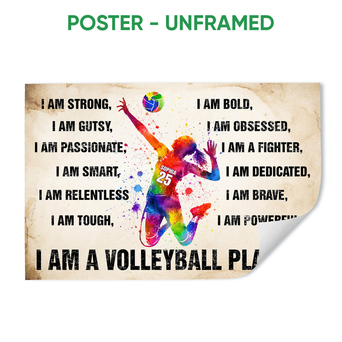 Unframed volleyball poster featuring a colorful jumping player surrounded by motivational wording