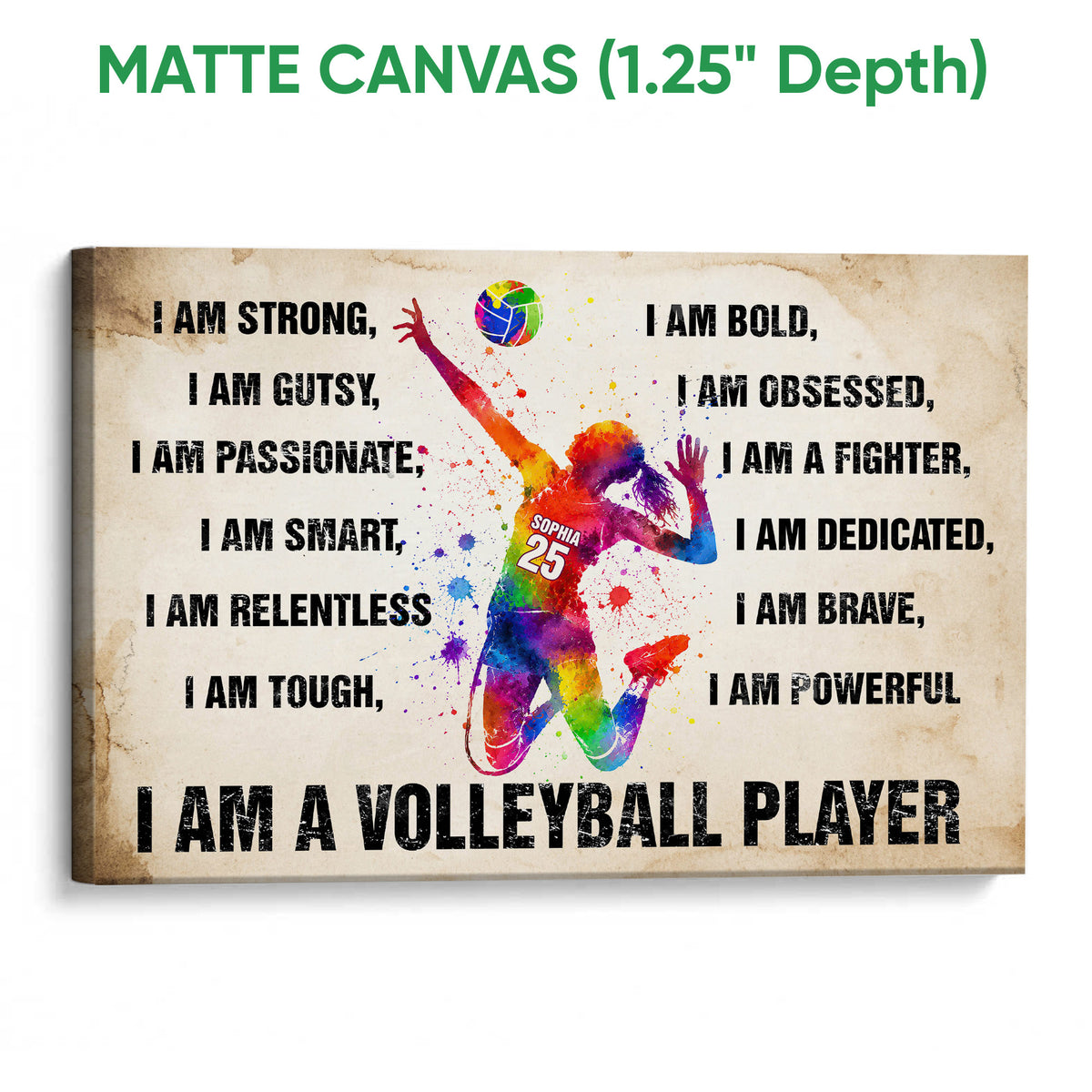 Matte canvas volleyball wall art with a colorful player, volleyball, and bold motivational design