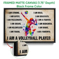 Black framed canvas volleyball wall art with a colorful player and bold sports-themed wording