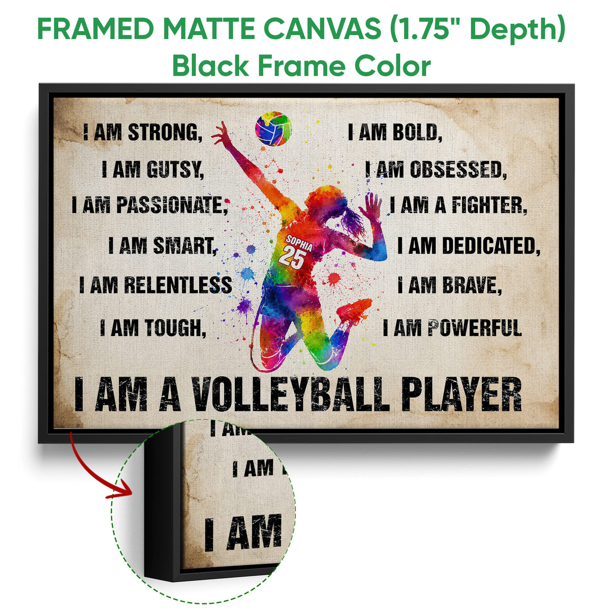 Black framed canvas volleyball wall art with a colorful player and bold sports-themed wording