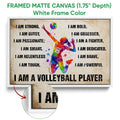 White framed canvas volleyball wall art featuring a colorful player and motivational sports design