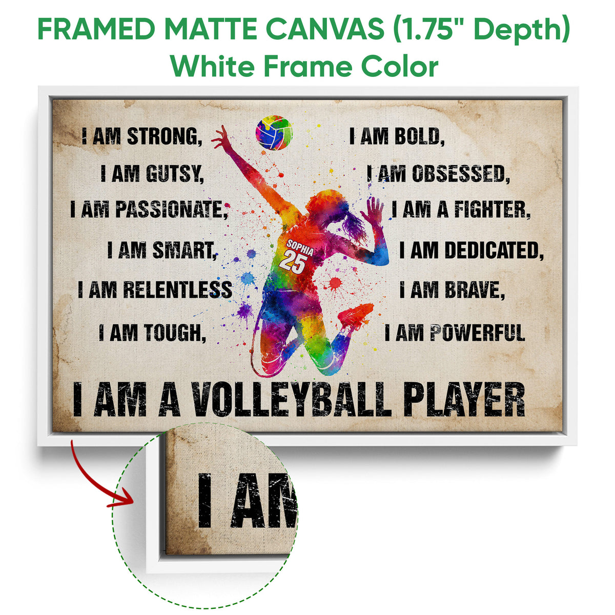 White framed canvas volleyball wall art featuring a colorful player and motivational sports design