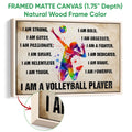 Natural wood framed volleyball wall art with a colorful jumping player and bold inspirational design