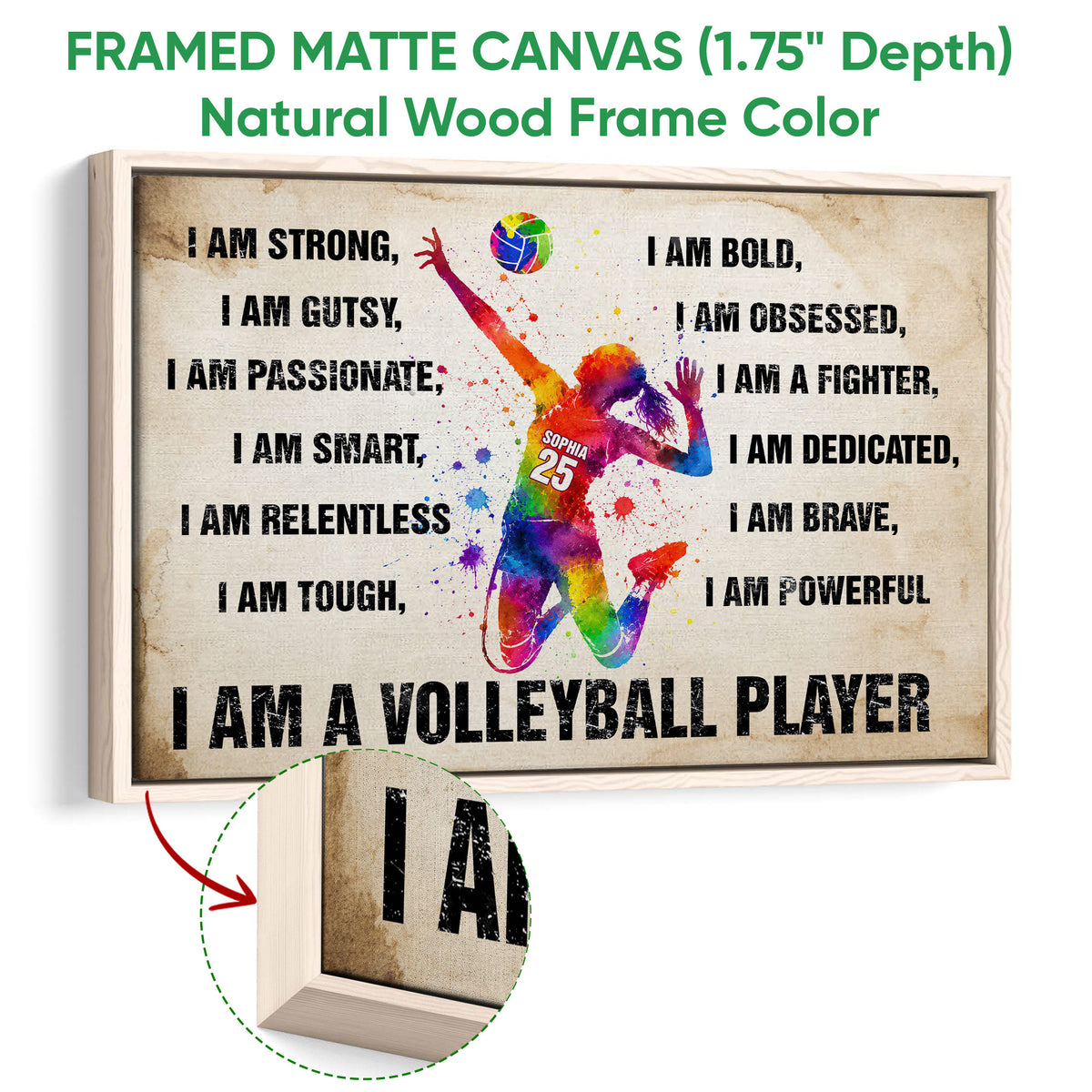 Natural wood framed volleyball wall art with a colorful jumping player and bold inspirational design