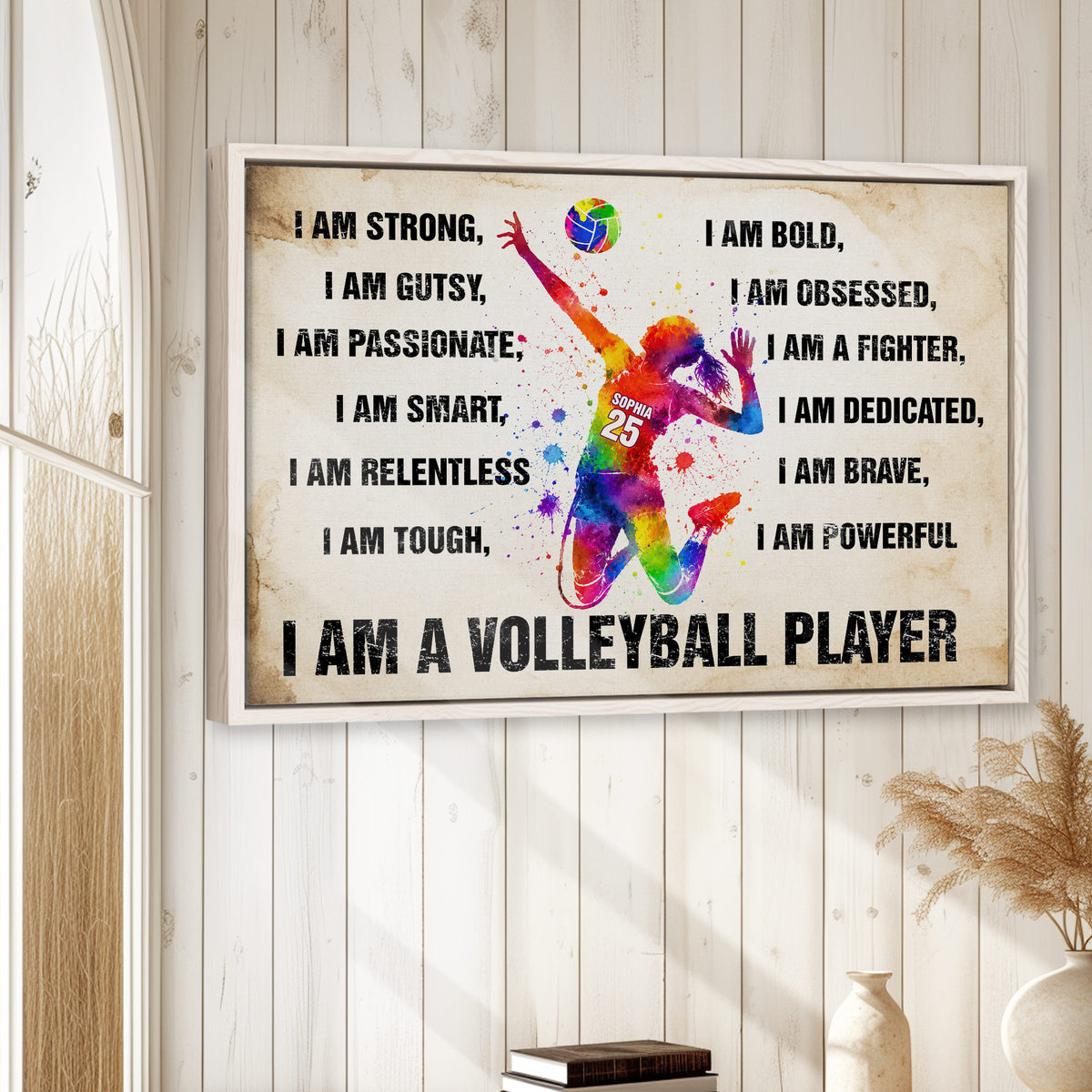 Framed volleyball wall art displayed on a light wood wall in a bright home decor setting