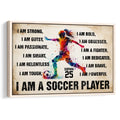 Framed soccer wall art featuring a colorful action silhouette, soccer ball, and motivational typography