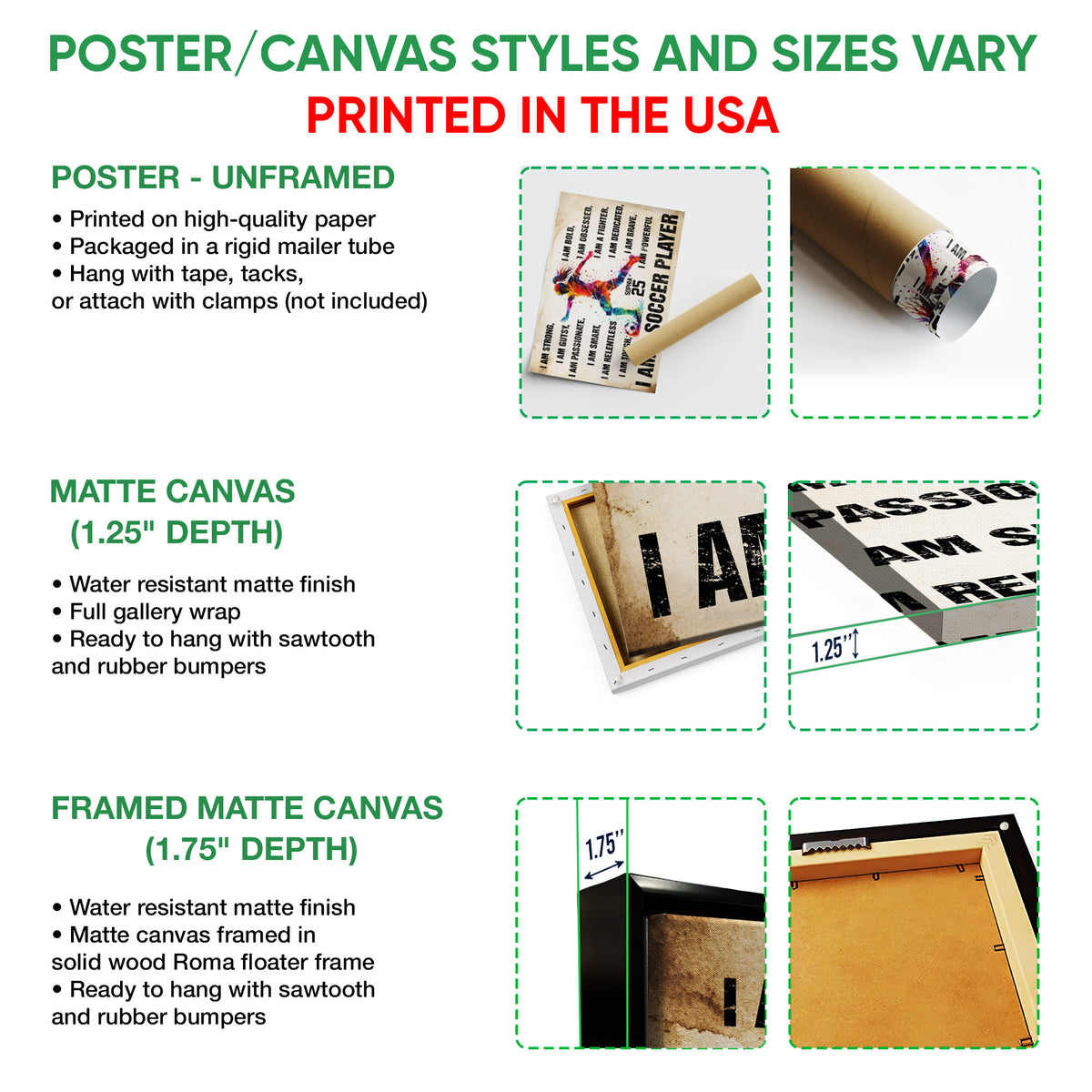 Soccer wall art format guide showing unframed poster, matte canvas, and framed canvas options