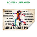 Unframed soccer poster with a colorful player silhouette, soccer ball, and bold motivational typography