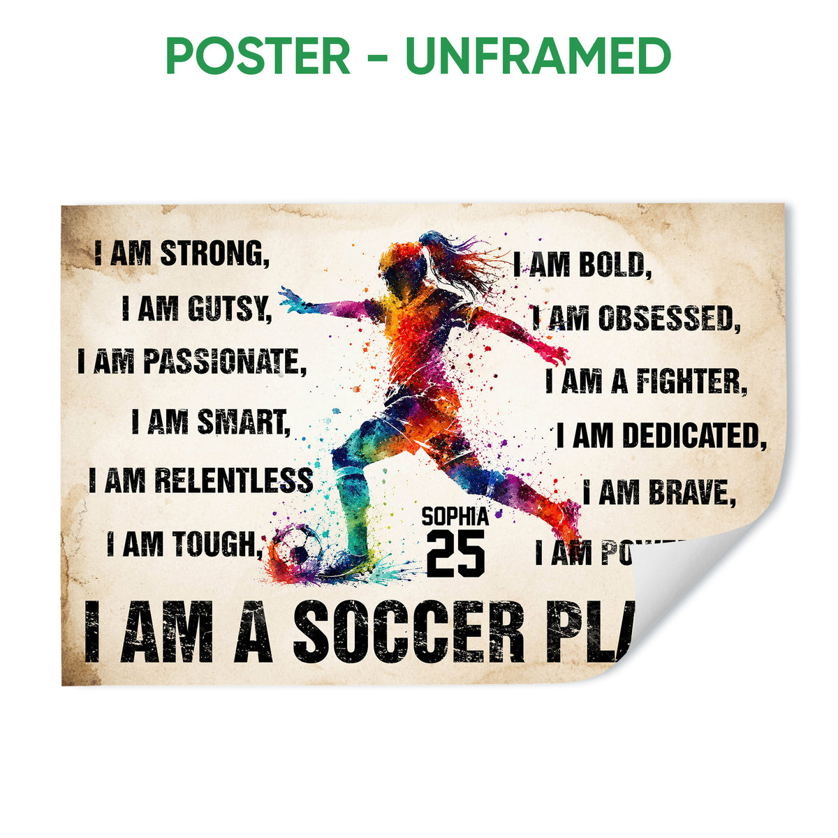 Unframed soccer poster with a colorful player silhouette, soccer ball, and bold motivational typography
