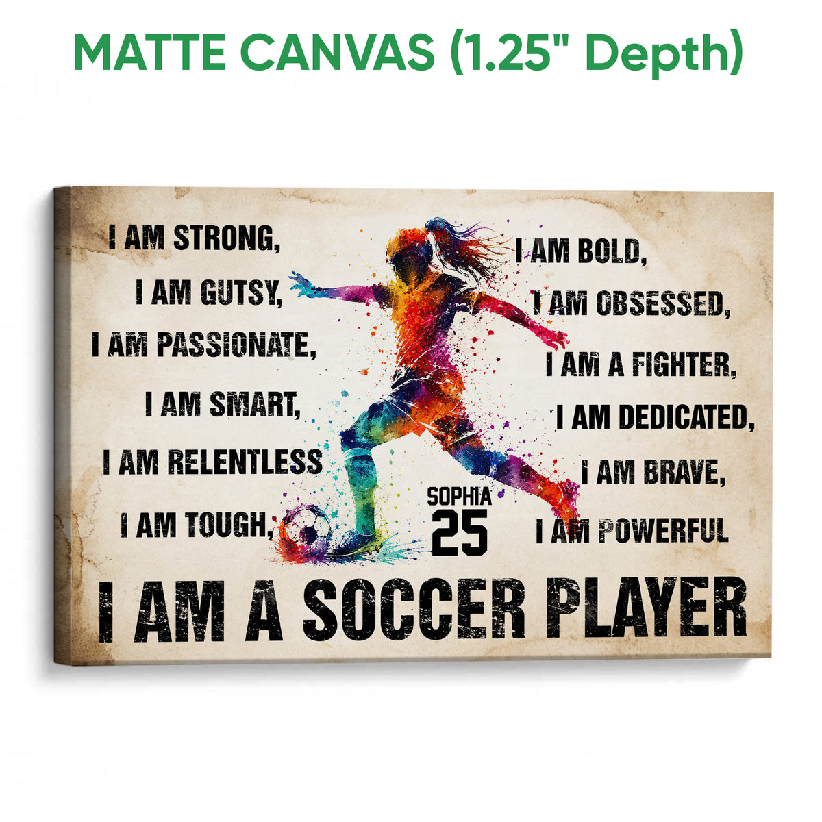 Matte canvas soccer wall art featuring a colorful action player and bold motivational design