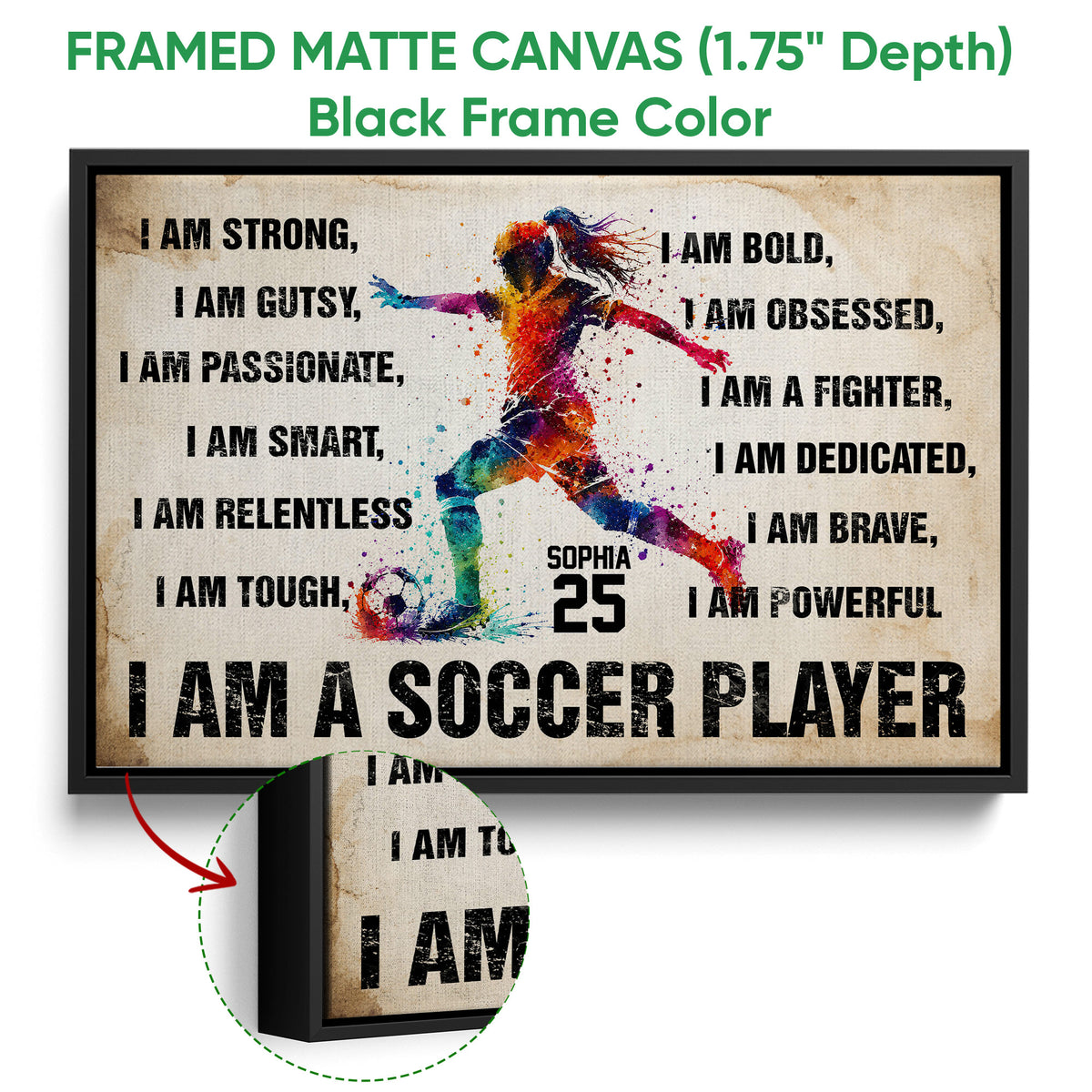 Black framed canvas soccer wall art with colorful player artwork and bold inspirational typography