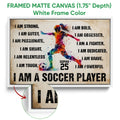White framed canvas soccer wall art featuring a colorful player silhouette and motivational design