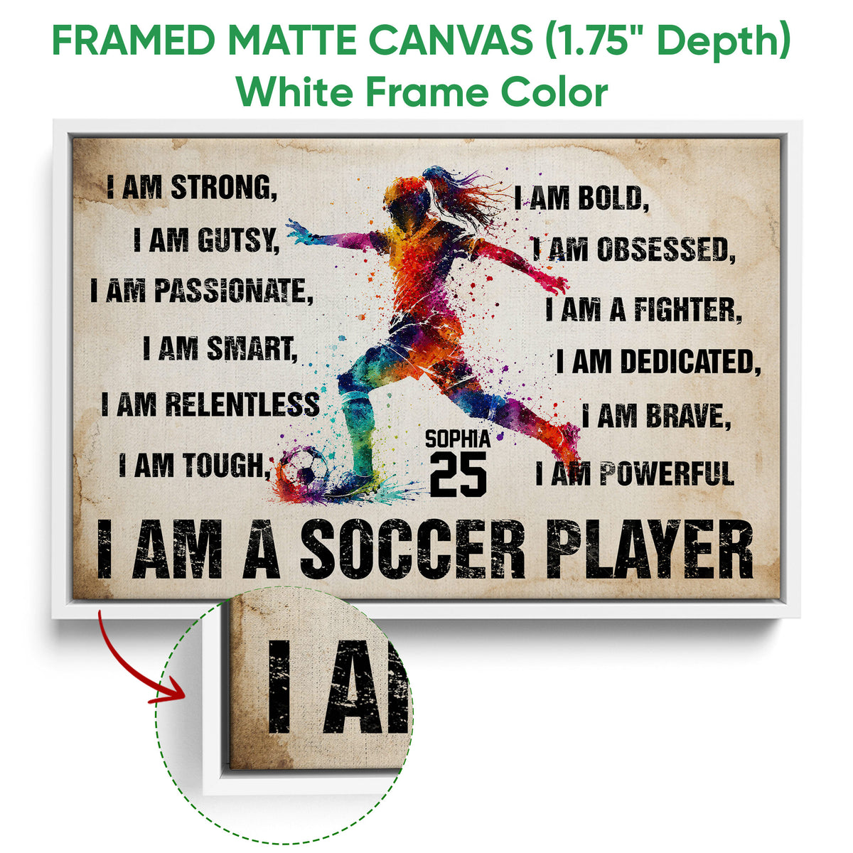 White framed canvas soccer wall art featuring a colorful player silhouette and motivational design