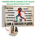 Natural wood framed soccer wall art with colorful action artwork and bold player-focused typography