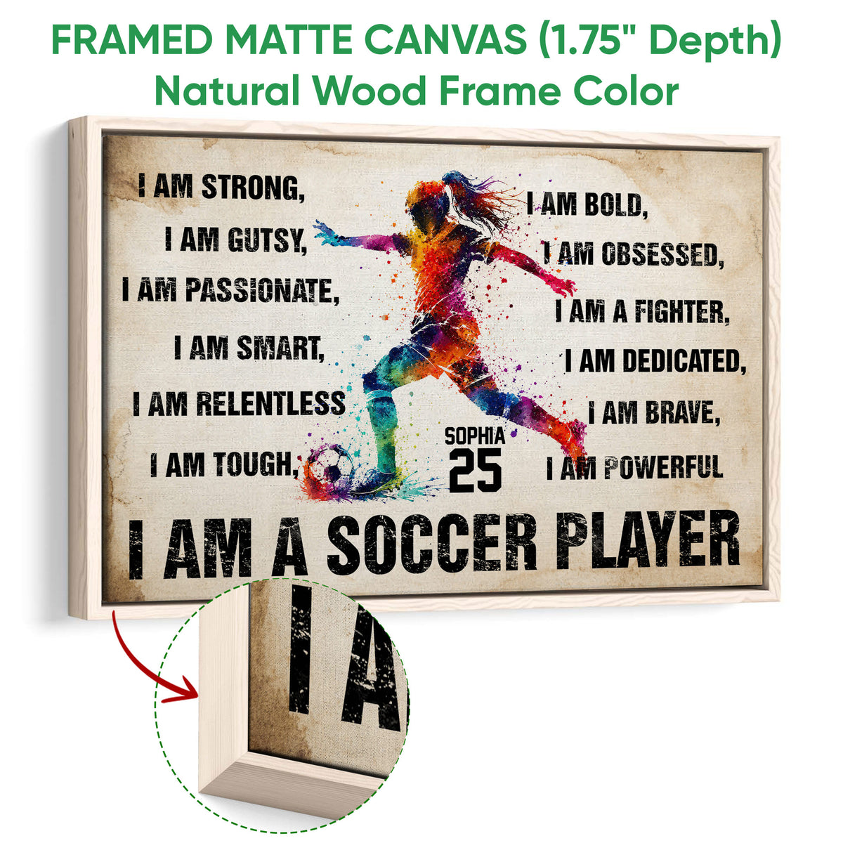 Natural wood framed soccer wall art with colorful action artwork and bold player-focused typography