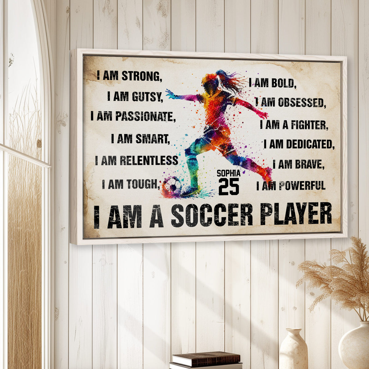 Framed soccer wall art displayed on a light wood wall in a bright home decor setting