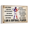 Framed softball wall art featuring a batter with motivational words and colorful sports-themed artwork