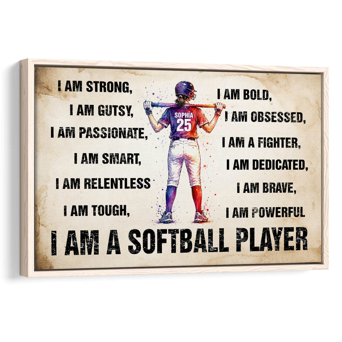 Framed softball wall art featuring a batter with motivational words and colorful sports-themed artwork