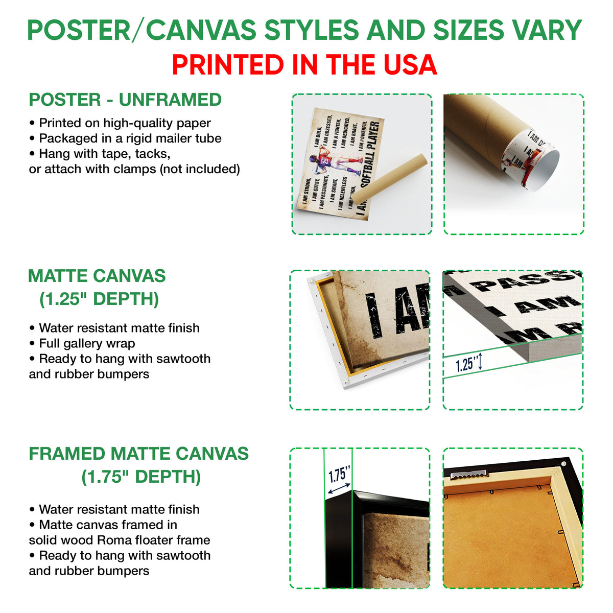 Poster, matte canvas, and framed canvas format guide showing selectable softball wall art options
